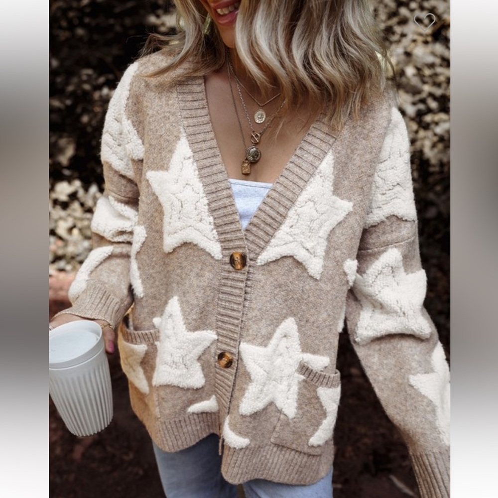 B058–(🚨 3 COLORS) Star Patterned Thick and Cozy Cardigan Sweater - Picture 5 of 7